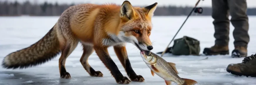 лисица ворует рыбу у рыбаков